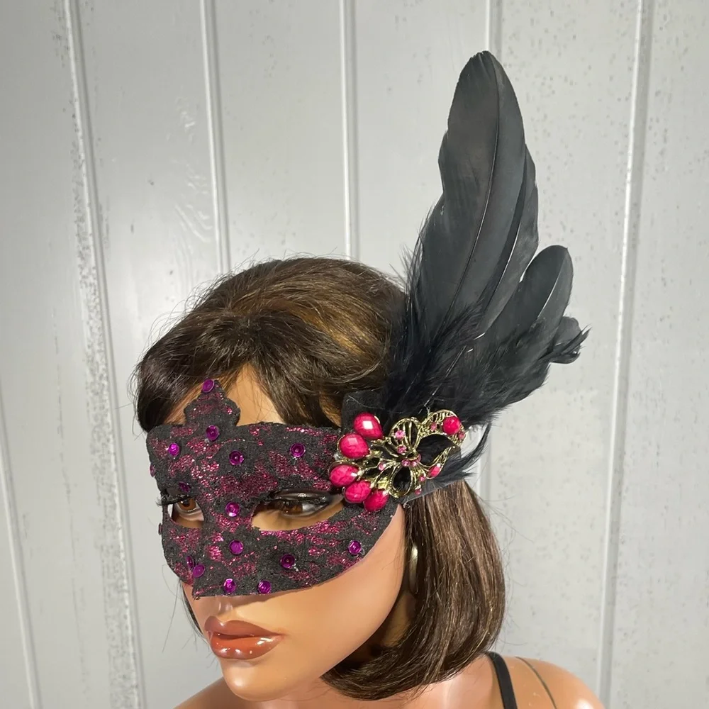 **Custom Masquerade Mask Pink Black Lace Halloween Costume